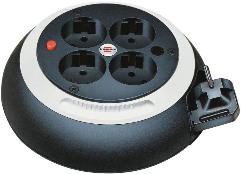 Kabelvinda 3m, 4 jordade kontakter, säkring, petskydd, svart/vit