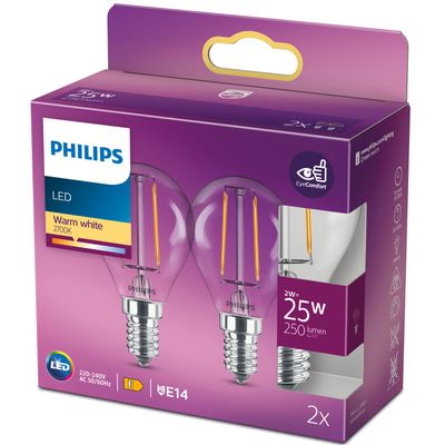 2-pack LED E14 Klot 2W (25W) Klar 250lm