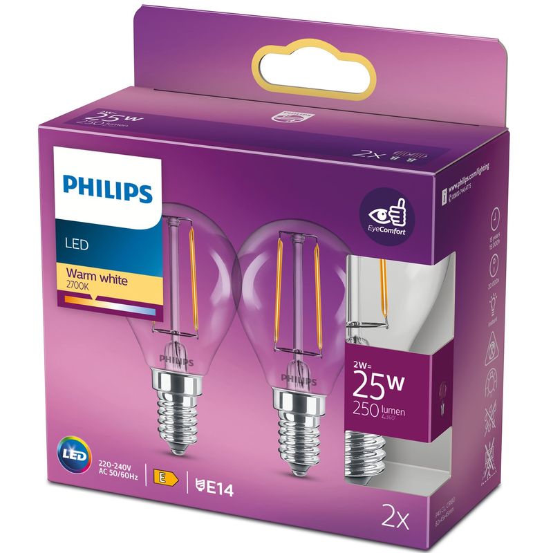 2-pack LED E14 Klot 2W (25W) Klar 250lm