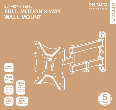 DELTACO Office, full-motion 3-way wall, 23"-42", 25kg, 75x75-200-200