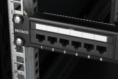 DELTACO 19" patch panel, 24xRJ45, Cat6, UTP, Krone jacks, 1U, black.