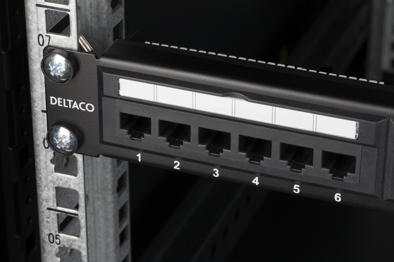 DELTACO 19" patch panel, 24xRJ45, Cat6, UTP, Krone jacks, 1U, black.
