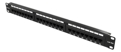 DELTACO 19" patchpanel, 24xRJ45, Cat6a, UTP, 1U, 10Gbps, svart