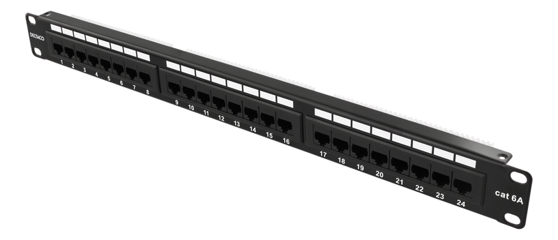 DELTACO 19" patchpanel, 24xRJ45, Cat6a, UTP, 1U, 10Gbps, svart