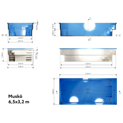 Poolpaket Glasfiberpool - 6,5x3,2m - Muskö - Med smart styrning