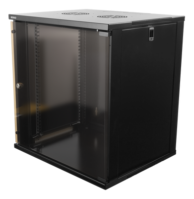 DELTACO 19"-skåp, 12U, 540x450mm, stående eller väggmonterat, glasdörr, svart