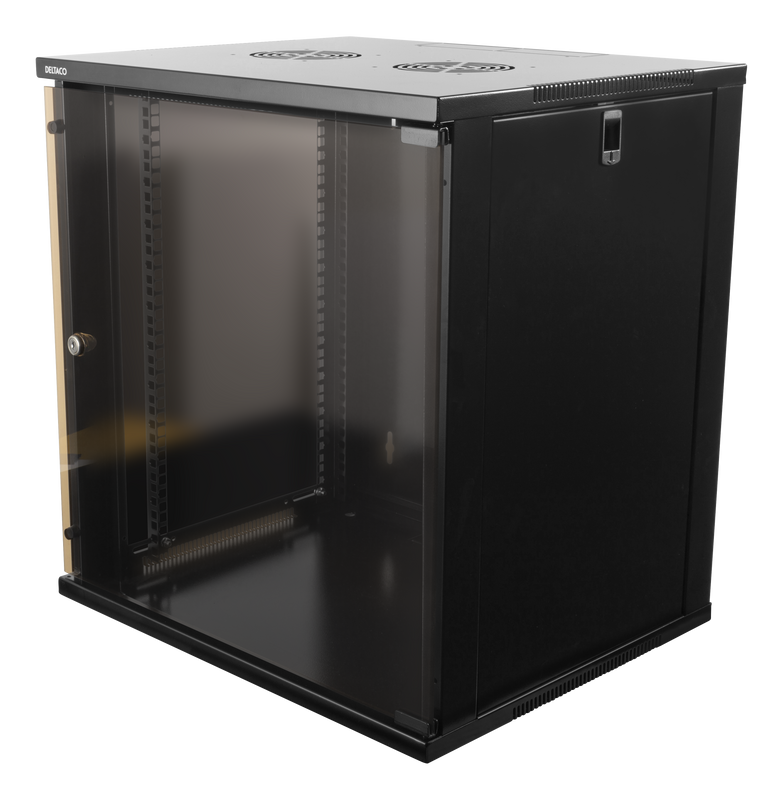 DELTACO 19" cabinet, 12U, 540x450mm, can be used as a floor-standing or wall-mounted unit, with a glass door, black.