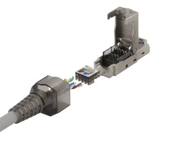 DELTACO RJ45 connector Cat6A, shielded, tool-less, metal.