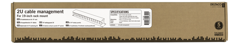 DELTACO 19" kabelhanterare, metall, fingerkanal och genomföring, 2U