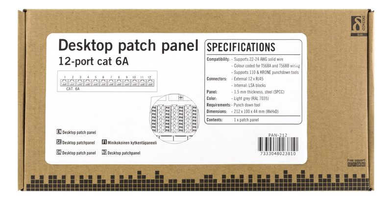 DELTACO Patchpanel, 12xRJ45, Cat6a, väggmonterbar, 10Gbps, grå