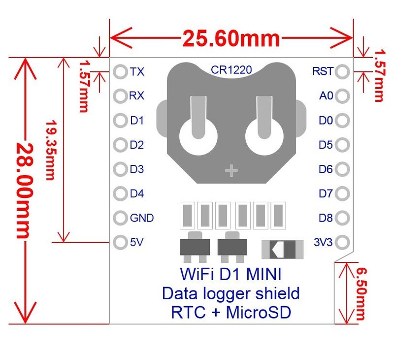 WIFI D1 mini - Data logger shield for D1 mini with RTC and MicroSD
