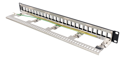 DELTACO 19" Keystone patchpanel, 24 portar, 1U, jordkabel, metall, svart