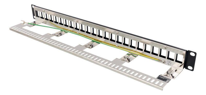 DELTACO 19" Keystone patchpanel, 24 portar, 1U, jordkabel, metall, svart
