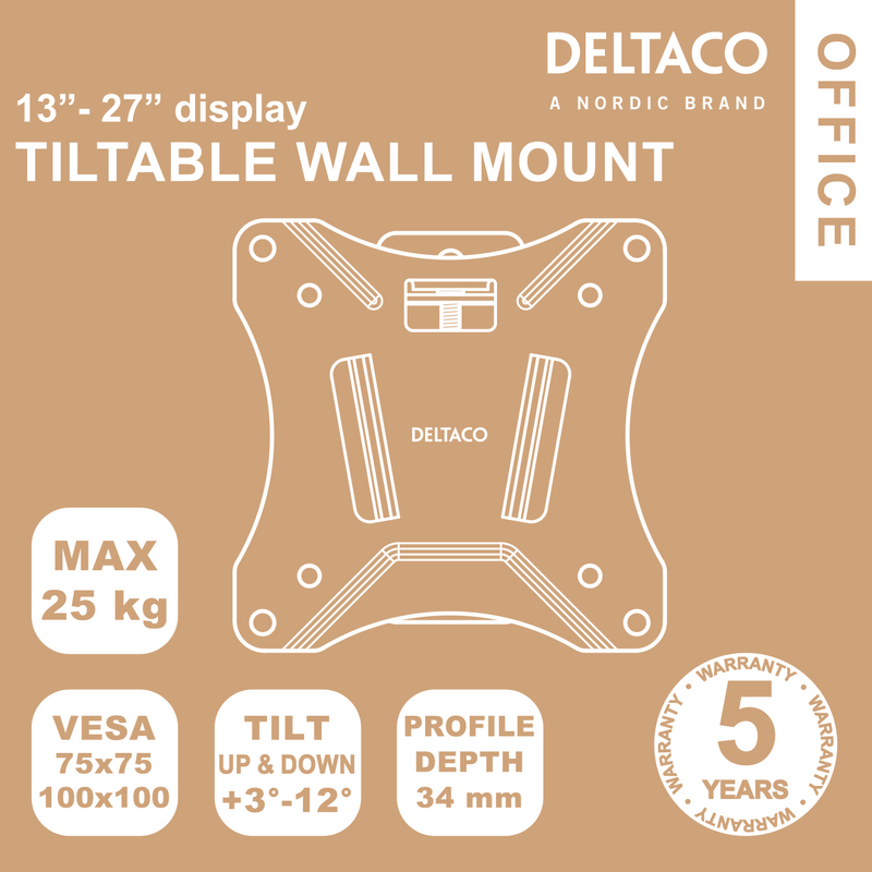 DELTACO Office, tilt wall, 13"-27", 25kg, 75x75-100x100