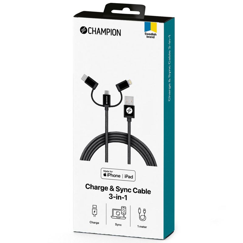 Ladd&Synk kabel USB 3-in-1 1,5m Svart