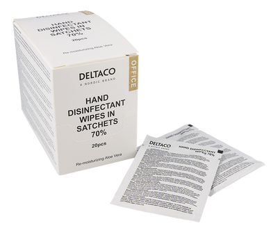 DELTACO Office Hand disinfectant wipes in sachets, 20 pcs