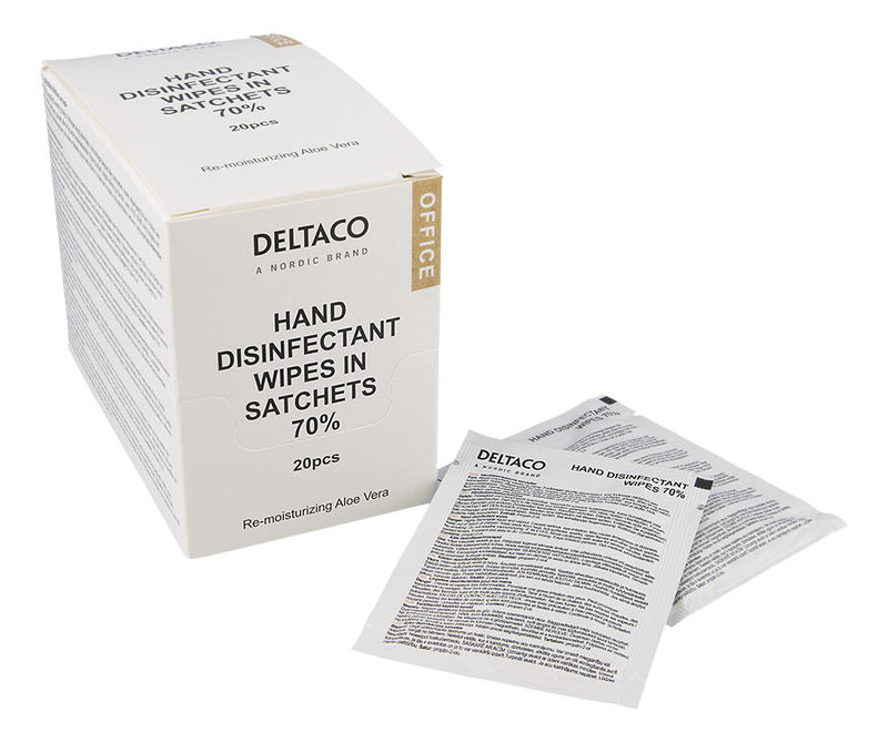 DELTACO Office Hand disinfectant wipes in sachets, 20 pcs