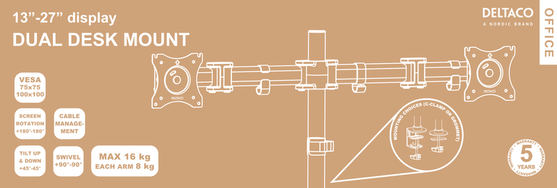 DELTACO Office, Dual desk, 13"-27", 8kg, 75x75-100x100