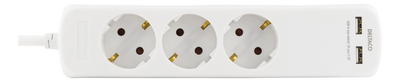 Power strip 1.5m with 3xCEE 7/4 outlets, 1xCEE 73/7 outlet, 2xUSB-A, white.