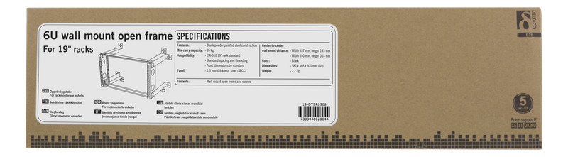 DELTACO 19" wall mount rack, 6U, 35kg load capacity, steel, mounting kit, black.