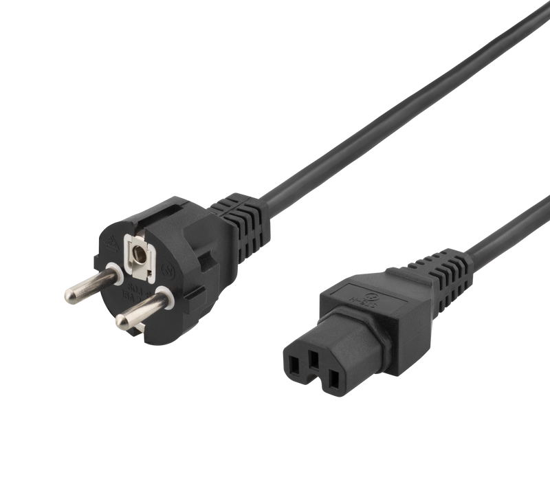 Apparatkabel 5m, rak IEC 60320 C15 - rak CEE 7/7, max 250V/10A, svart