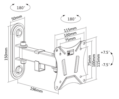 DELTACO Office, full-motion 2-way wall, 13"-27", 25kg, 75x75-100-100