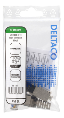 DELTACO RJ45 connector Cat6A, shielded, tool-less, metal.