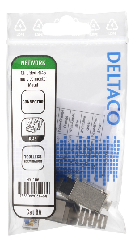 DELTACO RJ45 connector Cat6A, shielded, tool-less, metal.