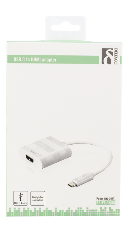 DELTACO USB-C to HDMI adapter, Type C male - HDMI female, 4K, UHD, white.