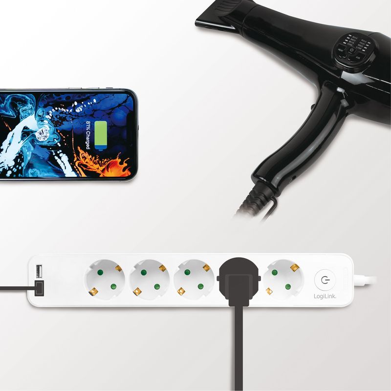 Grenuttag 5-vägs + 2st USB m brytare 1,5m Vit