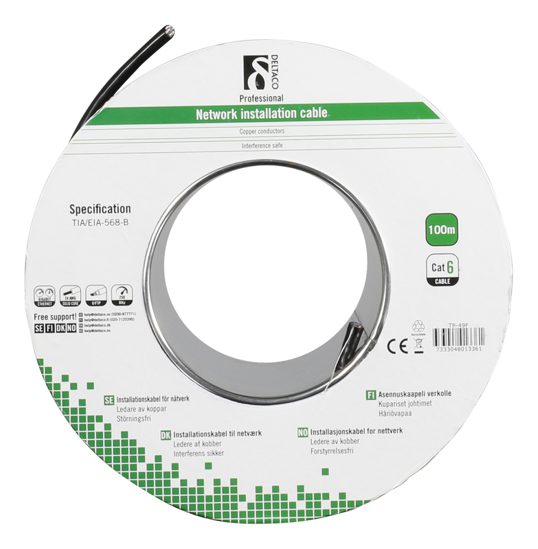 DELTACO F/UTP Cat6 installationskabel, för utomhusbruk, 100m, svart