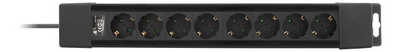 Power strip 3m, 8 x CEE 7/4 sockets, 1 x CEE 7/7 socket, black.