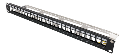 DELTACO 19" Keystone patchpanel, 24 portar, 1U, jordkabel, metall, svart