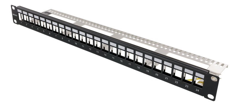 DELTACO 19" Keystone patchpanel, 24 portar, 1U, jordkabel, metall, svart