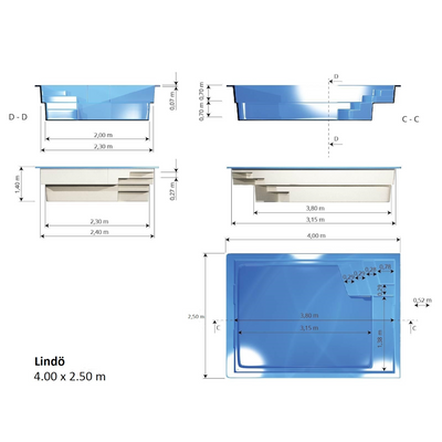 Poolpaket Glasfiberpool - 4x2.5m - Lindö - Med smart styrning