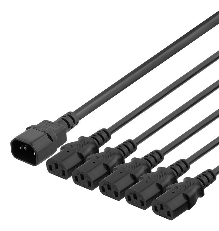 Apparatkabel 2m, IEC C14 - 5x IEC C13, 10A/250V, Y-Splitter, svart