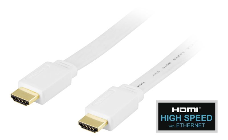 Platt HDMI kabel 1m, HDMI High Speed with Ethernet, vit