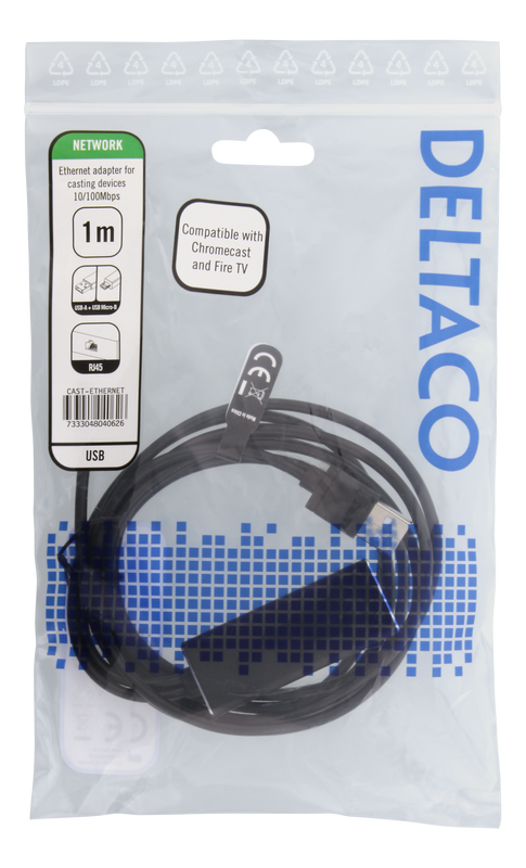 DELTACO Ethernet Adapter for ChromeCast, USB, RJ45, Black
