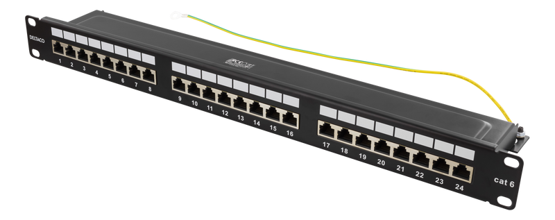 DELTACO 19" patchpanel, 24xRJ45, Cat6, 10Gbps, 1U, STP, metall, svart