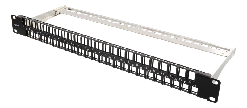 DELTACO 19" Open patch panel, 48 ports, 1U, aluminum, black.