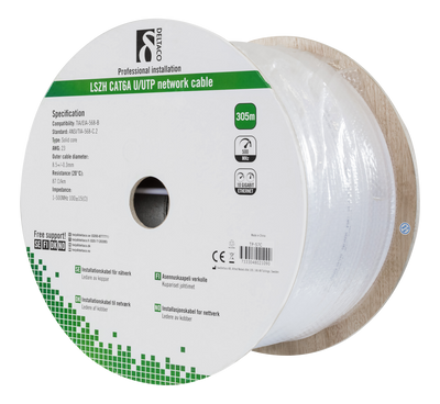 DELTACO U/UTP Cat6a installationskabel, 305m trumma, 500MHz, LSZH, vit