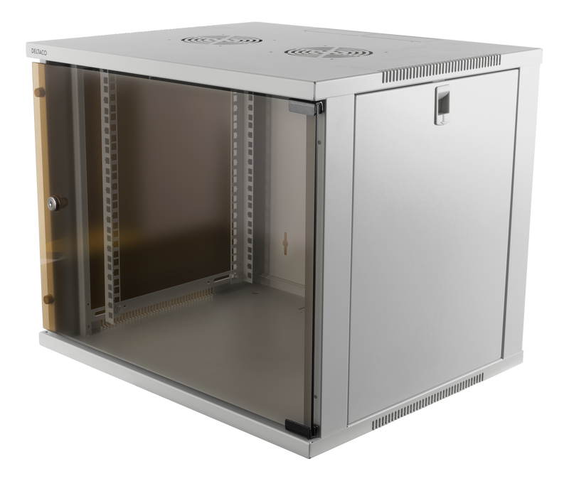 DELTACO 19" cabinet, 9U, 540x450mm, standing or wall-mounted, glass door, white