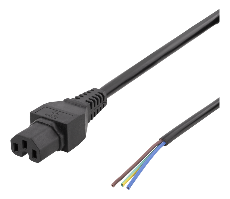 Kabel 2m, C15 - öppen ände, 2m, IEC C15, 10A, svart