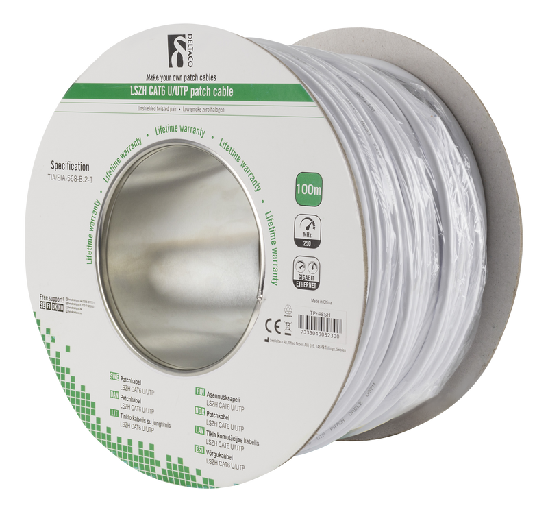 DELTACO U/UTP patch cable, LSZH, Cat6, 100m, white