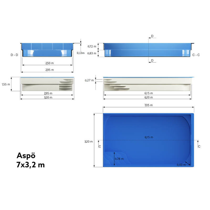 Poolpaket Glasfiberpool - 7x3,2m - Aspö - Med smart styrning