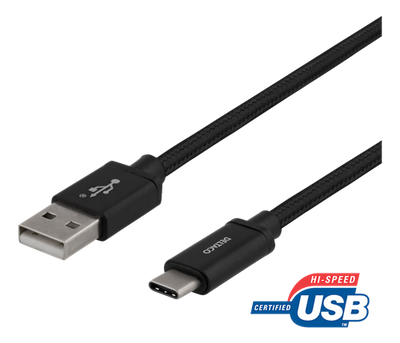 USB-C till USB-A kabel, 2m, 3A, USB 2.0, flätad svart