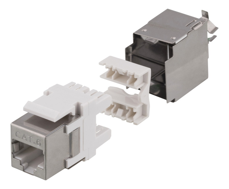 DELTACO Cat6 skärmat Keystone-uttag, LSA/110-terminering, plast, 180, vit/metall