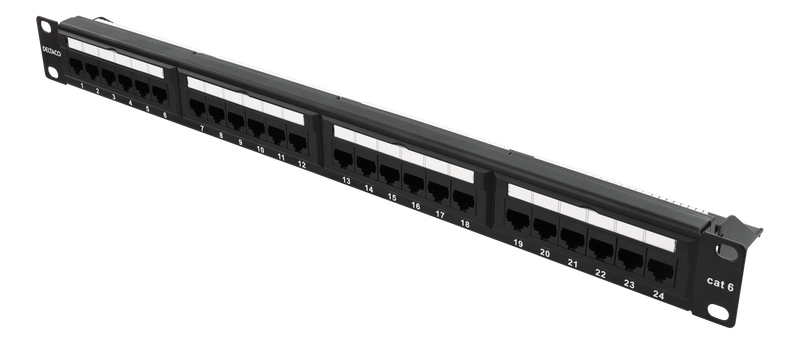 DELTACO 19" patch panel, 24xRJ45, Cat6, UTP, Krone jacks, 1U, black.