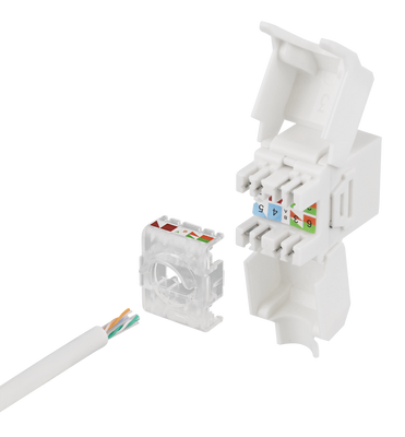 DELTACO Cat6A Keystone-uttag, 28AWG slim, verktygsfri, plast, vit