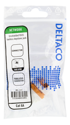 DELTACO Cat6A Keystone-uttag, verktygsfri, plast, vit/orange